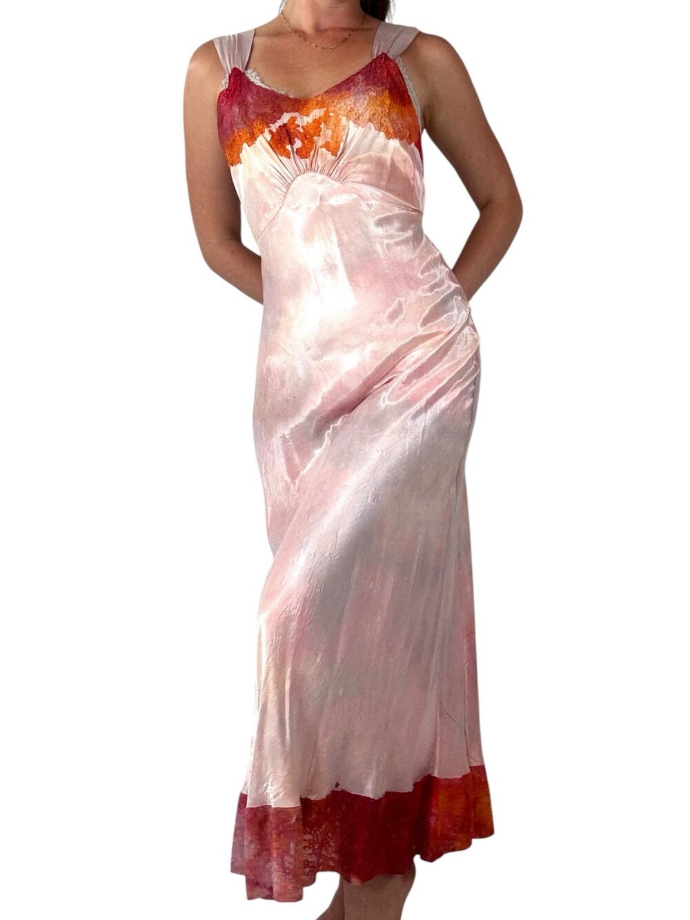 Antique Hand Dyed Rayon Slip Dress Pink Orange Ice Dye Lace Trim Long Nightgown